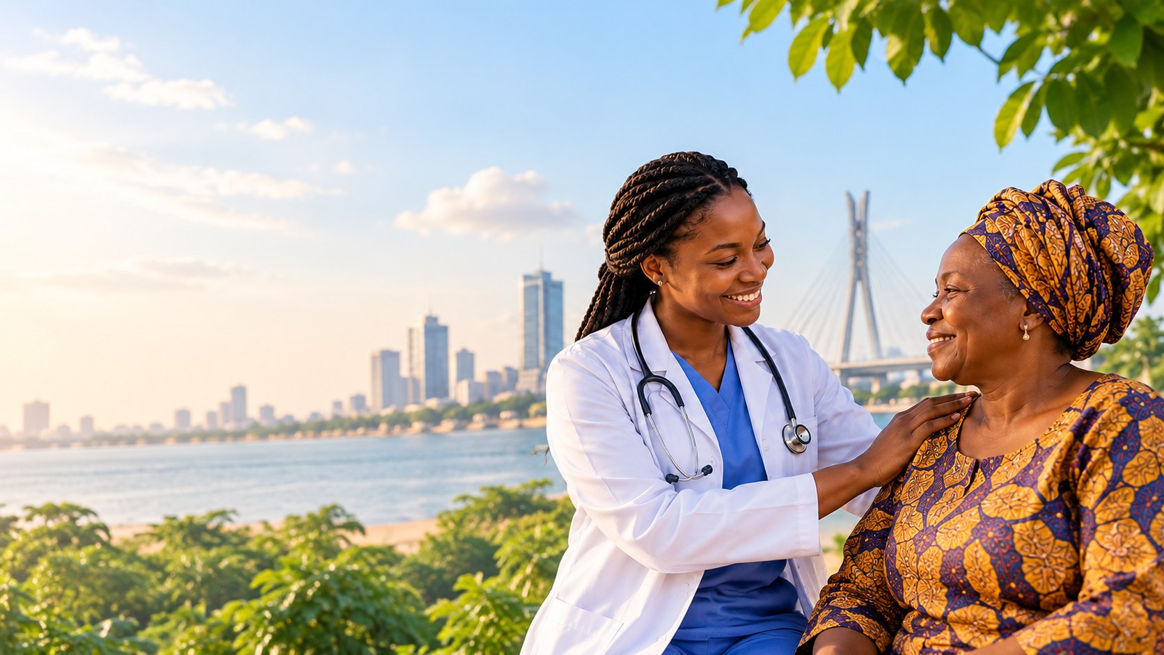 A Nigerian healthcare professional warmly checking in with an older patient, Lagos skyline in the background