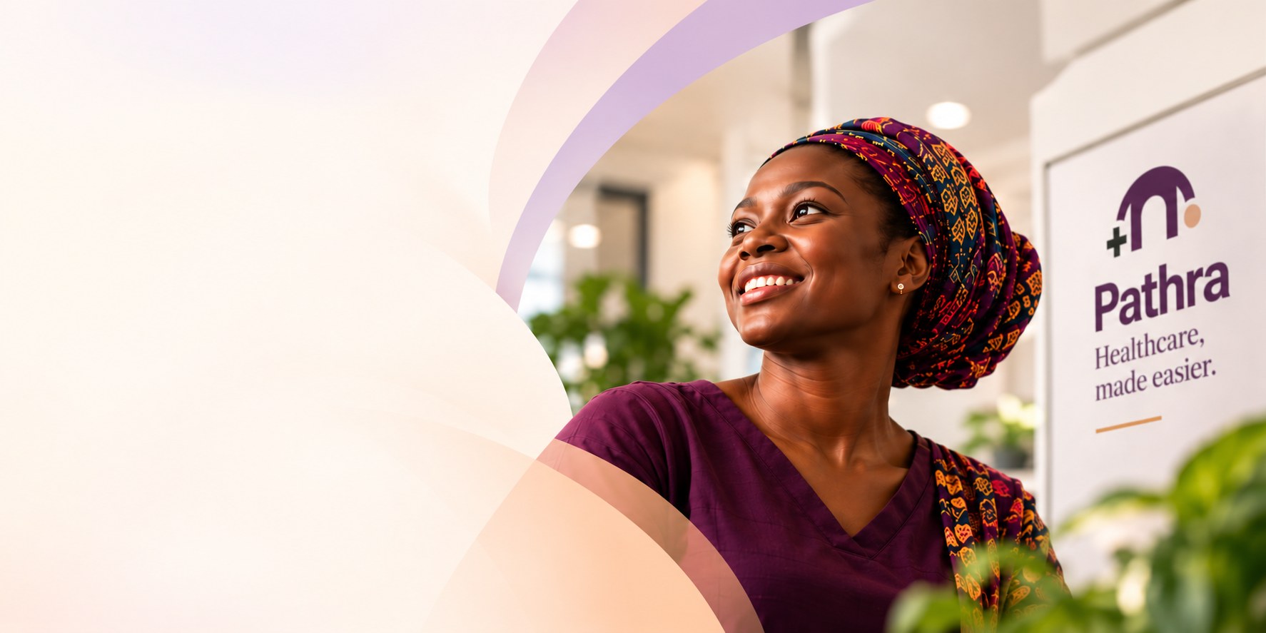 A smiling Nigerian healthcare professional in a patterned headwrap, standing in a bright clinic with greenery and the Pathra sign