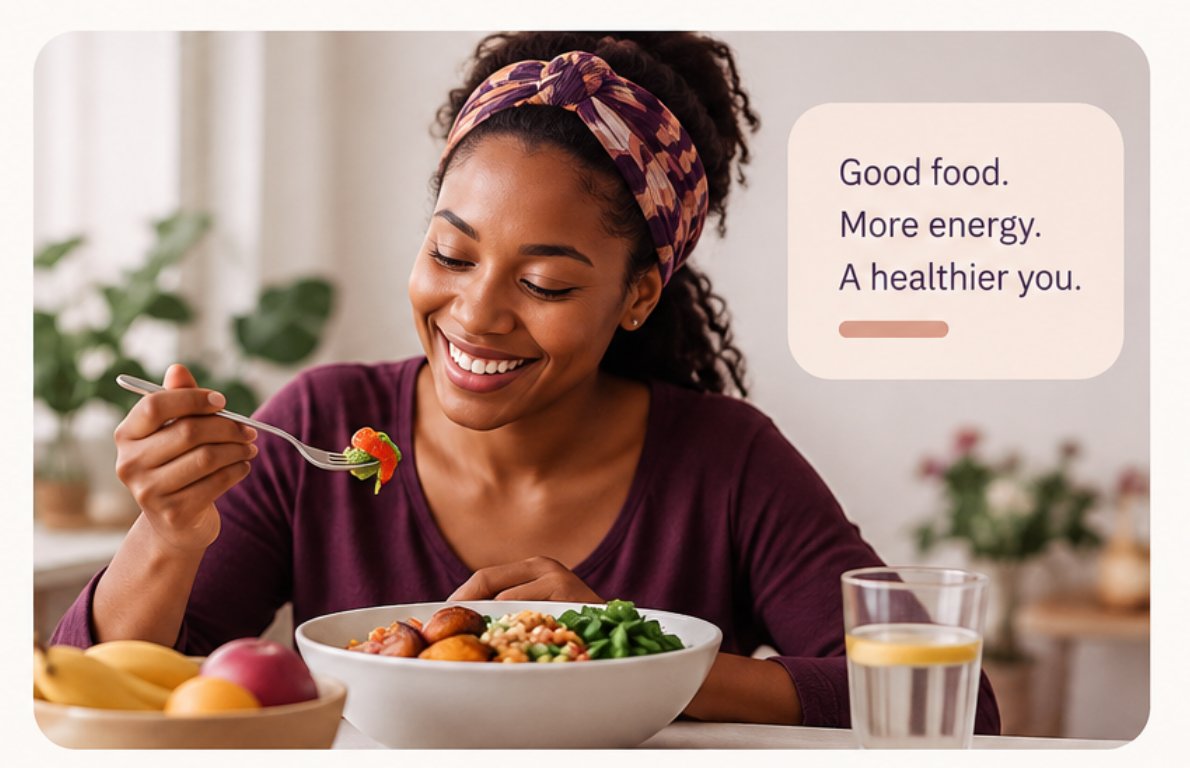 A woman smiling while eating a bowl of fresh, colourful food. The image includes the caption: Good food. More energy. A healthier you.